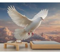 Papier Peint Panoramique Colombe Blanche 3D Papier Peint Colombe Au Milieu D'Une Mer De Nuages Murales Poster Mural Coucher De Soleil pour Chambre à Coucher et Salon 490 X 350 cm