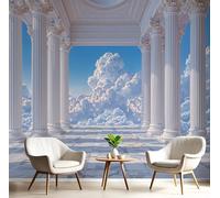 Papier Peint Panoramique Colonne Romaine Mer Nuageuse Paysage Minimaliste Bleu Blanc 400X280Cm Poster Géant Mural 3D,Décoration Murale Premium,Pour Salon,Chambre Adulte,Chambre D'Enfants & Bureau