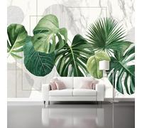 Papier Peint Panoramique Coloré Mural 400 x 280 cm, 3D Papier Peint Moderne abstrait feuilles de monstera lignes Thème Floral Fresque Murale Chambre Coucher Salon Décoration Photo Poster Geant Murale