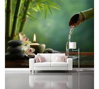 Papier Peint Panoramique Coloré Mural 400 x 280 cm, 3D Papier Peint Style zen forêt de bambous orchidées pierres Thème Floral Fresque Murale Chambre Coucher Salon Décoration Photo Poster Geant Murale