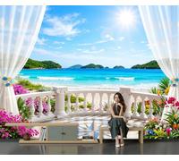 Papier Peint Panoramique complexe hôtelier insulaire en trois dimensions 250x175cm Papier Peint soie Mural, Poster Rambardes balcon plage îleMurale 3D, pour Salon restaurant Décoration Murale