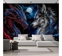 Papier Peint Panoramique Confrontation Entre Dragons Et Loups, Papier Peint Soie Style Artistique Dark Fantasy, Grande Mural Pour Chambre D'enfant Chambre Décor Bleu Profond Poster Mural 350x256cm