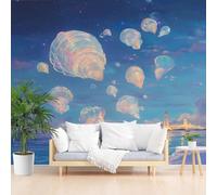 Papier Peint Panoramique Coquillages Artistiques Peints, Bleu Papier Peint Intissé Poster Mural xxl Vie Marine et Coquillages Poster Geant Mural pour Salon Chambre Décoration Murale 350x256cm(L x H)