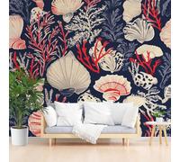 Papier Peint Panoramique Coquillages de Corail Peints Papier Peint Intissé Vie Marine et Coquillages Tapisserie Panoramique Salon, Décoration Murale Chambre, 350x256cm(L x H)