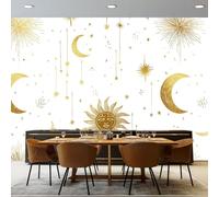 Papier Peint Panoramique Corps Célestes Ciel Étoilé Soleil Lune, 300 x 210 cm Papier Peint Intissé Mural, Poster Geant Mural 3D - Or Blanc pour Salon Chambre D'enfants Personnalisé Décoration Murale