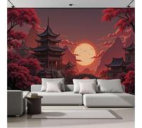 Papier Peint Panoramique Coucher De Soleil Architecture Ancienne, Papiers Peints Décors Asiatiques Rétro 400x280cm, Poster Geant Mural Impression Pour Salon Chambre - Moderne Décoration Murale, Rouge