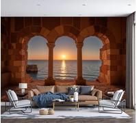 Papier Peint Panoramique Coucher De Soleil Sur La Mer À Stone Arch 300x210cm Papier Peint de Soie Méditerranée Rétro Tableaux Muraux Décoration Murale pour Salon, Chambre, Fond TV, Brun Foncé