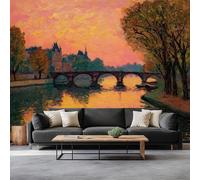 Papier Peint Panoramique Coucher De Soleil Sur La Seine À Paris 500 x 280 cm Poster Murale 3D, Peinture À L’Huile Tapisserie Photo Peinture Murale Intissé Fresque pour Salon Chambre Toile Fond TV