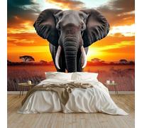 Papier Peint Panoramique Coucher De Soleil Sur L'Éléphant D'Afrique Poster Geant Mural 250x175 cm, pour Salon Chambre Chambre D'enfants Restaurant Décoration Murale, Orange