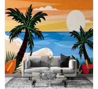 Papier Peint Panoramique Coucher de soleil sur l'océan - Papier Peint Intissé Autocollant, Grand Poster Mural Décoration pour Salon, Chambre Adhésif Mural, 200x140cm - Grands cocotiers Bleu océan L21