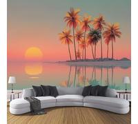 Papier Peint Panoramique Coucher De Soleil Tropical Sur Une Île 300x210cm - Mural Paysages D'Été Rétro Tableaux Muraux Poster Geant Mural Tapisserie Décorative pour Salon Chambre Fond Tv, Rose Orange