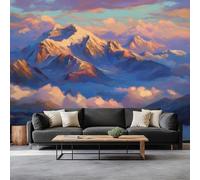 Papier Peint Panoramique Coucher Soleil Nuages Montagnes Neige, Bleu Fresque Photo Papier Peint Intissé - Grandes Tapisserie Poster pour Salon Chambre Chambre D'Enfant Décoration Murale 200 x 140 cm
