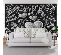 Papier Peint Panoramique Cœur et Musique Peints (Noir) Toison Mur 150x105cm(L x H) Moderne Papier Peint Intissé pour Chambre Salon Bureau Personnalisé Décoration Murale Ballons de Musique de Piano