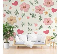 Papier Peint Panoramique Cœurs Géométrique Peints Papier Peint Intissé Plantes Fleurs Feuilles Tapisserie Panoramique Salon, Décoration Murale Chambre, 500x317cm(L x H)