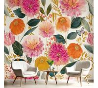 Papier Peint Panoramique Dahlias Soucis Poster Intissé Geant Mural 3D 100×70cm Photo Mural Abstrait Fleurs Papillon Wallpaper pour Chambre Salon Personnalisé Décoration Murale Beige