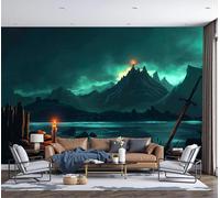 Papier Peint Panoramique Dark Fantasy, 350x250cm Fresque Murale Vue Nocturne Des Montagnes Et Des Lacs Poster Mural Décoration Murale Fond pour Salon, Chambre d'enfant, Chambre, Vert Fluorescent