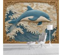 Papier Peint Panoramique Dauphin En Relief 3D - 300x210cm - Revêtement mural décoration salon - Superbe Cadre Photo Doré 3D Poster Geant pour Salon Chambre restaurant Décoration, Bleu Clair