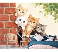 Papier Peint Panoramique Des Chats Sur Des Murs En Briques Rouges Photo Muraux Animaux À L'Aquarelle Guérisseurs Pour Salon Chambre Enfant Chambre Décoration Murale Moderne Poster Tableaux,350X256Cm
