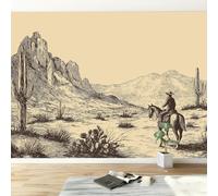 Papier peint panoramique désert chaîne de montagnes cactus cheval, Papier peint intissé sud ouest art esthétique moderne pour salon adulte chambre d'Enfants restaurant décoration murale 300L x 210H cm