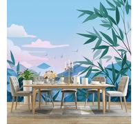 Papier Peint Panoramique Dessin Animé Ciel Montagnes Feuilles De Bambou, Bleu poster Photo Murale pour Salon Chambre Cuisine Fond Paroi Décor 300 x 210 cm Grandes Papier Peint Intissé Murale