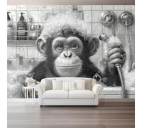 Papier Peint Panoramique Dessin Animé Effet 3D Papier Peint Intissé Noir Singe Noir Baignoire Décoration Murale Salon Chambre 300 X 210 Cm