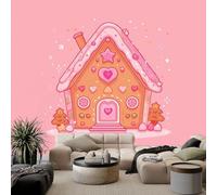 Papier Peint Panoramique Dessin Animé Maison En Pain D'Épice Cœur Rose, Art Tapisserie Murales Papier Peint Princesse Pour Fille, Garçon, Adult, Enfant Décoration Murale Chambre 300(L) x 210(H) cm