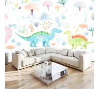 Papier Peint Panoramique Dessin Animé Mignon Animal Dinosaure Arbre 250 x 175 cm - Blanc Poster Géant Mural Intissé Effet 3D Trompe l'œil - Décoration pour Salon, Chambre d'Enfant & Salle à Manger