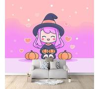 Papier Peint Panoramique Dessin Animé Mignon Vacances Sorcière Citrouille 300 x 210 cm, Papier Peint Intissé Rose avec Effet 3D, Décoration Murale pour Salon et Chambre d'Enfant - Tapisserie Photo XXL