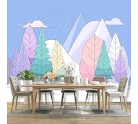 Papier Peint Panoramique Dessin Animé Montagnes Pins Ciel, Bleu poster Photo Murale pour Salon Chambre Cuisine Fond Paroi Décor 250 x 175 cm Grandes Papier Peint Intissé Murale