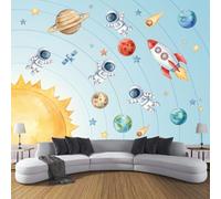 Papier Peint Panoramique Dessin Animé Thème Spatial 300 x 210 cm, Bleu Papier Peint photo non tissé, Astronautes Fusées Planètes Murales Poster pour Salon Chambre d'enfants Bureau Décor Fond TV