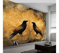 Papier peint panoramique doré arbre de vie corbeaux, papier peint intissé style fantastique pour chambre salon salle à manger décoration murale - Fond d'écran photo Moderne art mural 500L x 280H cm