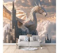 Papier Peint Panoramique Dragon Château Effet 3D Fantaisie Animal Mural 400x280 cm Non Tissé Imperméable et Durable Facile à Nettoyer Pas de Support Adhésif pour Café Couloir Chambre d'enfants Hôtel