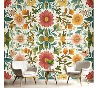 Papier Peint Panoramique Élégant Floral Poster Intissé Geant Mural 3D 400×280cm Photo Mural Géométrique Fleurs Wallpaper pour Chambre Salon Personnalisé XXL Décoration Murale Crème