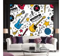 Papier Peint Panoramique Éléments musicaux Notes Guitare Intissé Tapisserie Poster Mural Coloré Décoration Murale 350 x 256 cm pour Fresque Murale 3D HD pour Salon Chambre Cuisine