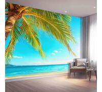 Papier peint panoramique en polaire « Plage tropicale » avec cocotiers bleus, effet 3D haute résolution, lavable et facile à poser, design moderne pour salon, chambre ou bureau, 350 cm x 256 cm.