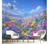Papier Peint Panoramique En Soie Bleu Royal - Papillons Fleurs Sauvages - 350X256Cm - Revêtement Mural Décoration Paysage Prairie Naturelle Décoration Tapisserie Wallpaper Muraux Photo Salon Chambre