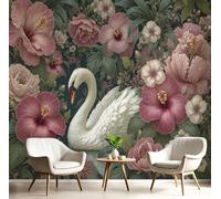 Papier Peint Panoramique En Soie Vert Olive - Cygne Hibiscus - 300X210Cm - Revêtement Mural Décoration Animaux De La Forêt Tropicale Décoration Tapisserie Wallpaper Muraux Photo Salon Chambre