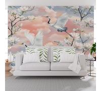 Papier Peint Panoramique Enfant Animal Grue À Couronne Rouge Magnolia Papier Peint Intissé Plantes Fleurs Nuages Décoration Murale - Poster Mural xxl pour Salon Chambre, 400x280cm(L x H)
