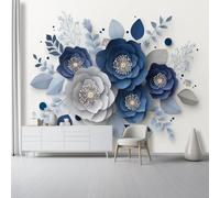 Papier Peint Panoramique Enfant Fleurs, 400 x 280 cm Papier Peint Intissé Décoration Murale Style 3D Abstrait Pour Chambre d’Enfant, Salle de Jeux et Espace Famille, Bleu Marine