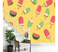 Papier Peint Panoramique Enfant Glace À La Pastèque, 400 x 280 cm Papier Peint Intissé Décoration Murale Style D'Été Mignon Pour Chambre d’Enfant, Salle de Jeux et Espace Famille, Jaune