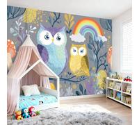 Papier Peint Panoramique Enfant Motif Hibou, 350 x 256 cm Papier Peint Intissé Décoration Murale Style Dessin Animé Dessiné À La Main Pour Chambre d’Enfant, Salle de Jeux et Espace Famille, Coloré