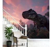 Papier Peint Panoramique Enfant Tyrannosaure Rex, 250 x 175 cm Papier Peint Intissé Décoration Murale Style Botanique Rétro Pour Chambre d’Enfant, Salle de Jeux et Espace Famille, Coloré