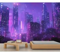 Papier peint panoramique extra large avec vue nocturne sur la ville de l'avenir - Gratte-ciel - Papier peint panoramique pour hôtel, restaurant, hall d'accueil (non autocollant)