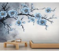 Papier peint panoramique extra large motif fleurs de prunier chinois - Peinture à l'encre chinoise - Style traditionnel - Papier peint panoramique pour hôtel, restaurant, hall d'accueil (non