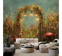 Papier peint panoramique fantaisie 250L x 175H cm, Tapisserie mural décoration salon - Papier peint design moderne jardin plantes roses champignons pour chambre chambre d'enfant décoration murale