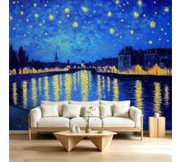 Papier Peint Panoramique Fantaisie 300 x 210 cm sur mesure taille Fresque Murale 3D, Décoration Murale Architecture Européenne Ciel Étoilé Bord Rivière, Papier Peint Intissé pour Salon Chambre