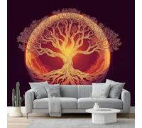 Papier Peint Panoramique Fantaisie 3D Intissé - 350 X 256 Cm, Artistique Grand Format, Poster Mural Décoratif Pour Salon Chambre Maison Décoration Rouge Orangé Arbre Sacré Racine De Nimbe