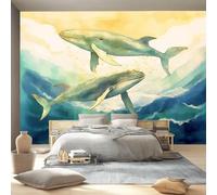 Papier Peint Panoramique Fantaisie Adhesif Murale à Coucher Maison, 200 x 140 cm Murales Poster pour Salon Adulte Chambre d'enfants Étude Décoration Bleu-Vert Peint À La Main Baleine Vagues