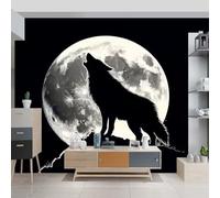 Papier Peint Panoramique Fantaisie Animaux Loup Lune Intissé Tapisserie Poster Mural Noir blanc Décoration Murale 250 x 175 cm pour Fresque Murale 3D HD pour Salon Chambre Cuisine