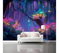 Papier Peint Panoramique - Fantaisie Champignons Forêt Enchantée Modèle Papier Peint Poster Mural Intissé 300 x 210 cm, Violet Foncé Murale Fresque pour Salon Chambre Cuisine Fond Tv Décoration